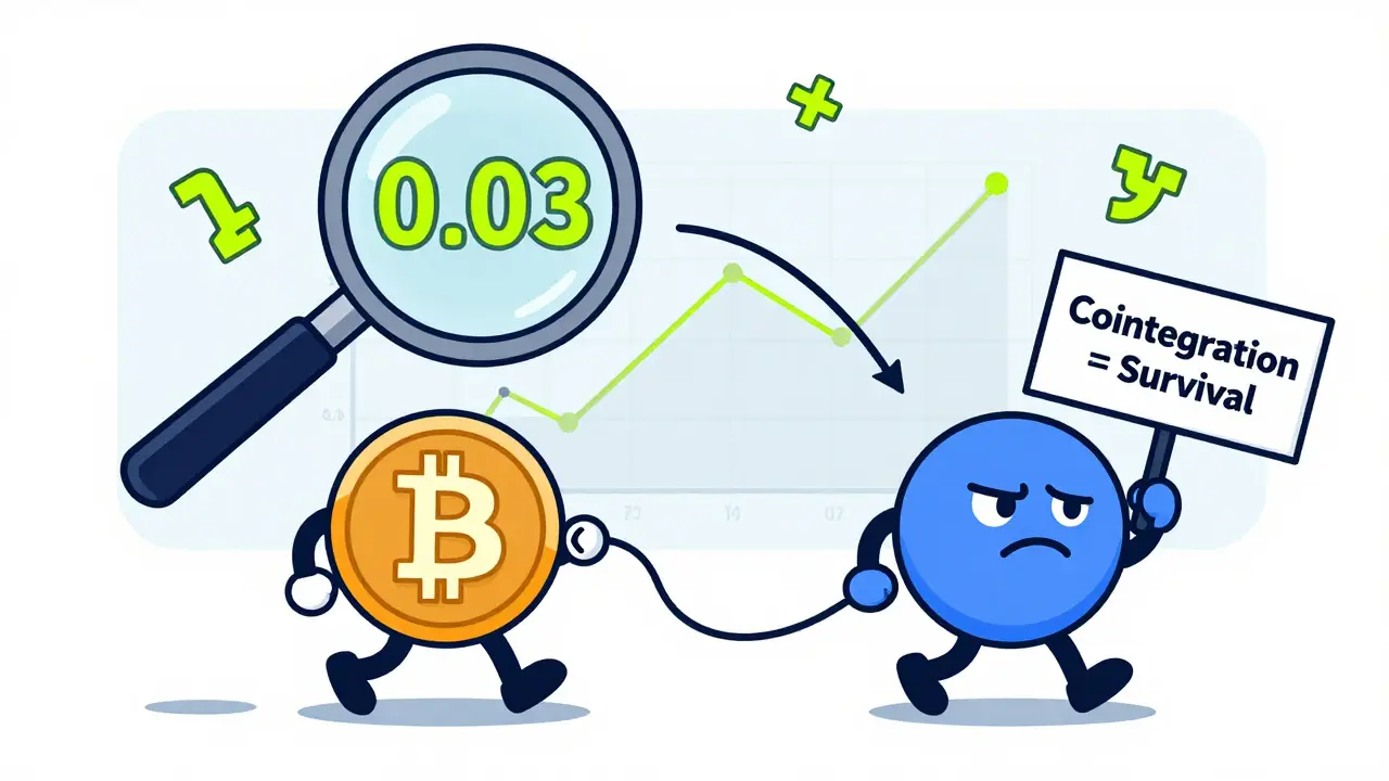 Bitcoin and Solana connected by a leash, with statistical cointegration graph confirming their stable relationship.
