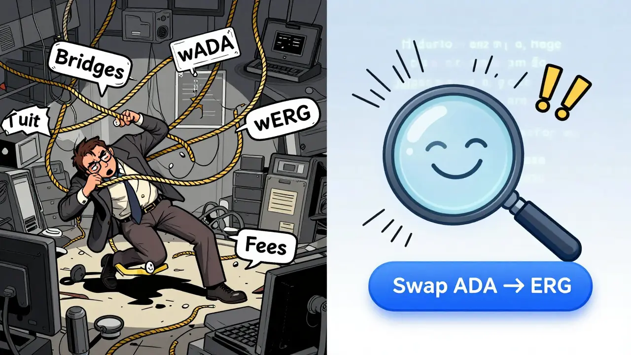 Chaotic wrapped-token process vs. simple Spectrum Finance swap, shown in comic contrast.