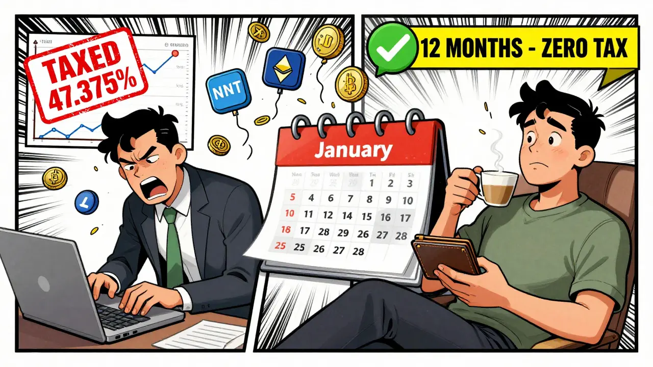 Contrast between taxed short-term trading and tax-free long-term crypto holding in a comic book panel.