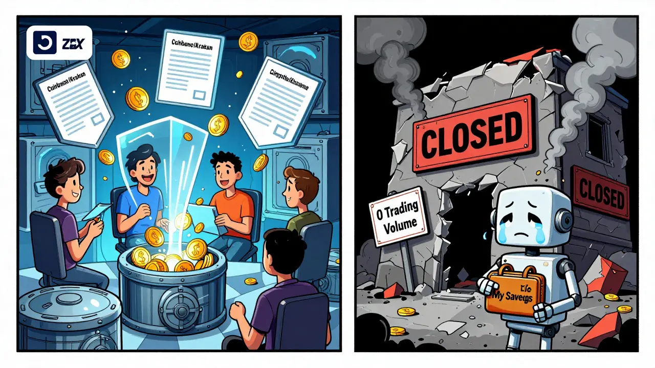 Contrasting safe exchanges with vibrant security vs. ZBTCEX as a crumbling ruin with a crying robot holding a lost wallet.