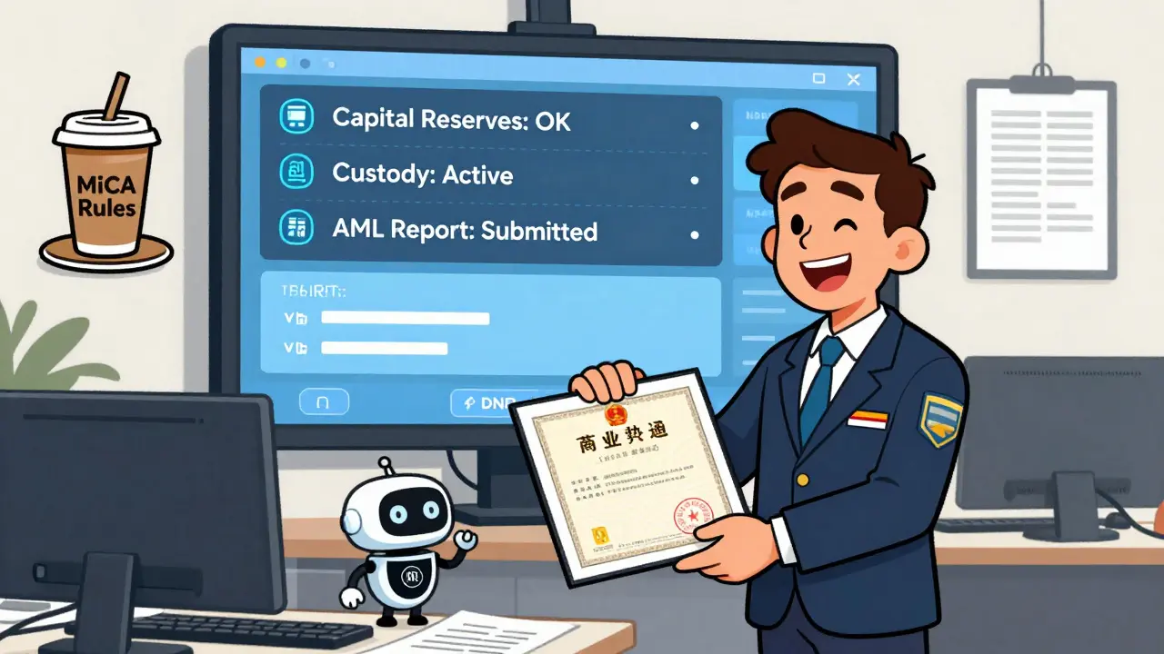 Dutch regulator handing a crypto license to a startup founder in a bright, comic-style office scene.