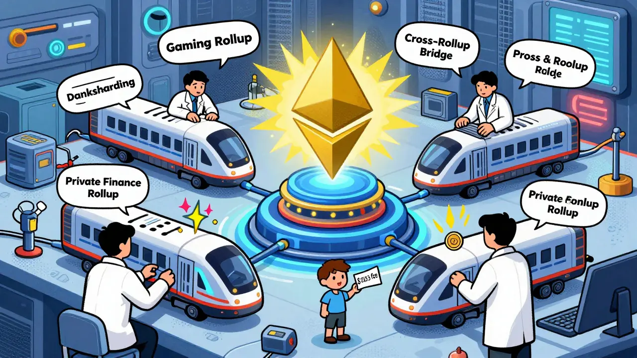 Engineers build modular rollup train cars connected to an Ethereum hub, with tools for future upgrades nearby.