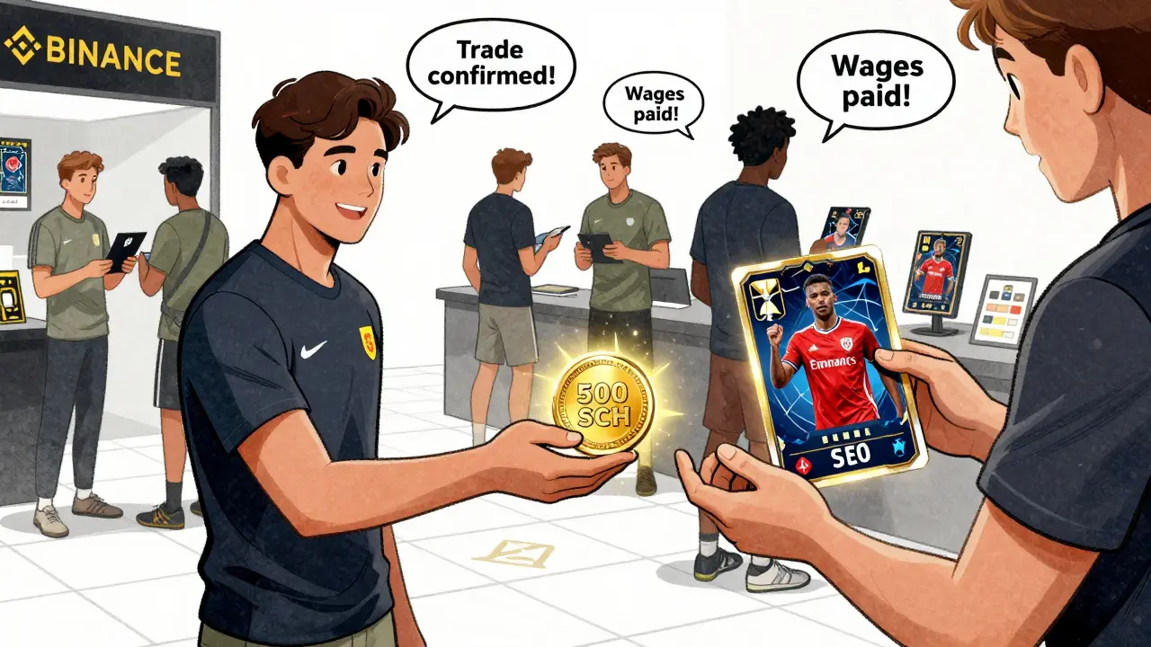 Fans trade rare NFT soccer players using SCH tokens in a digital marketplace.