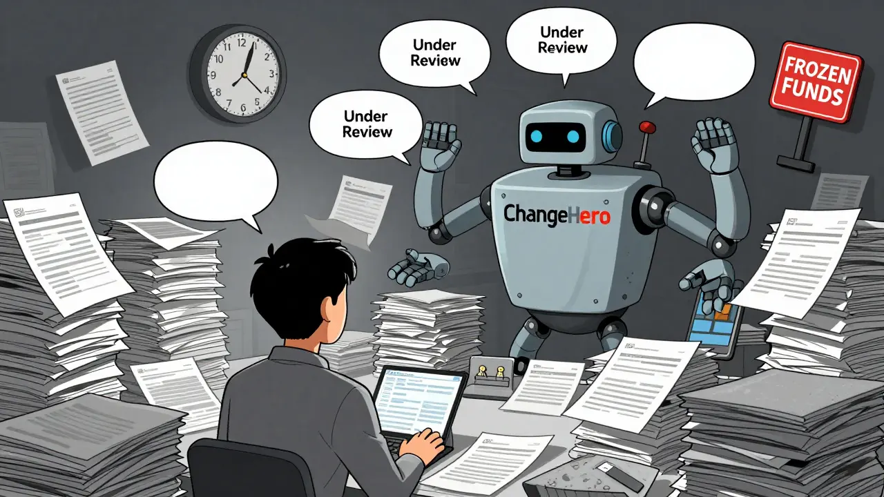 Frustrated user overwhelmed by paperwork from ChangeHero, clock showing 10 months passed.