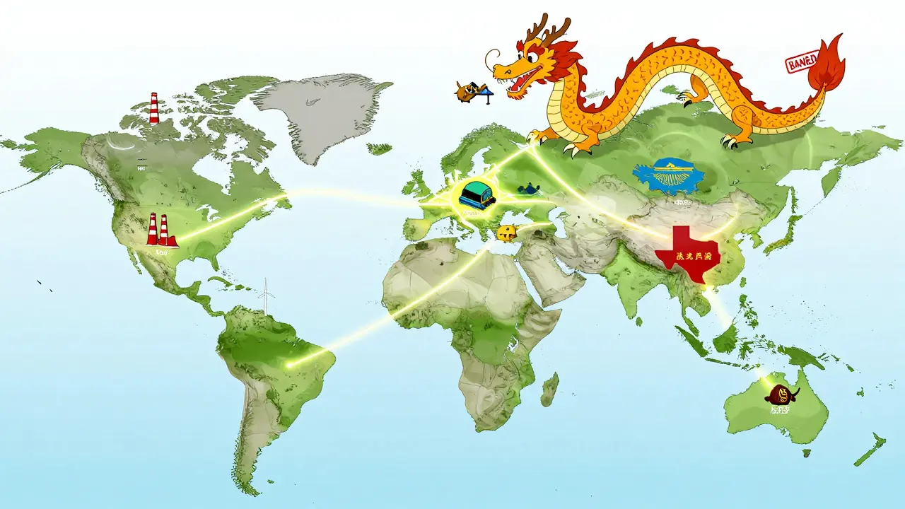 Global map showing Bitcoin mining migration paths from China to new hubs across continents.