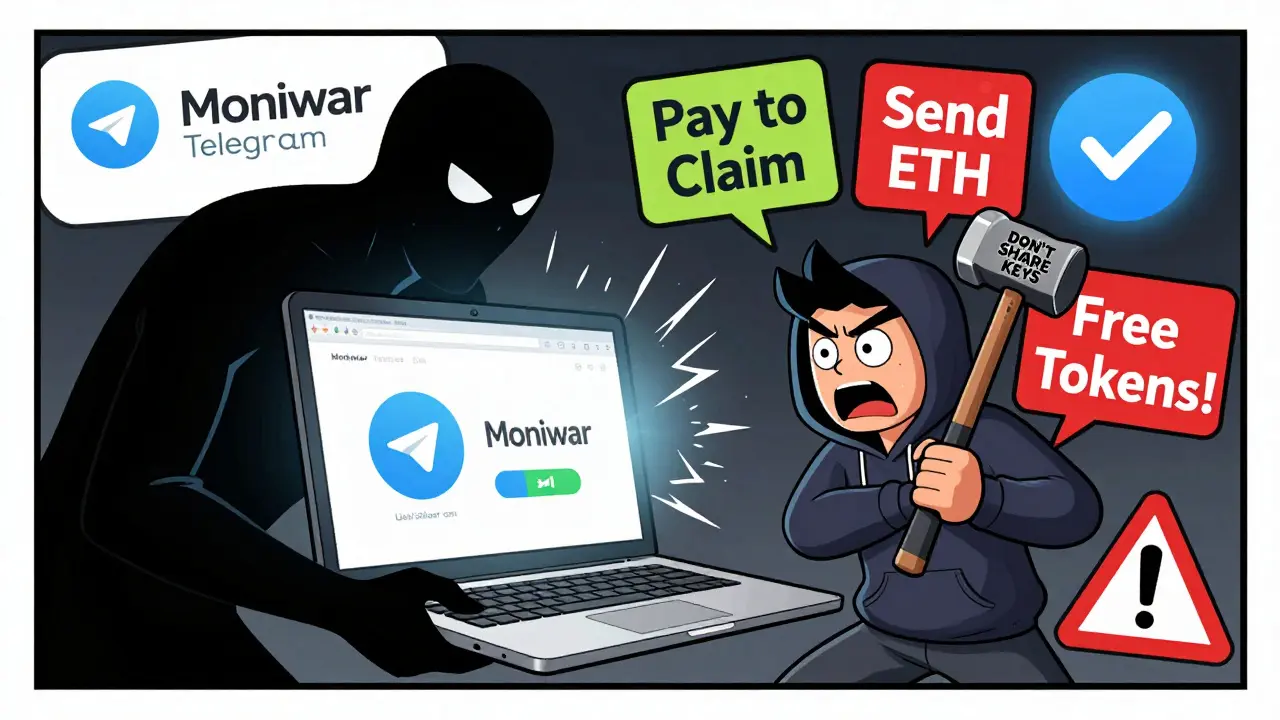 Hero smashes fake airdrop scam site, warning signs float around as real Moniwar channel glows safely.