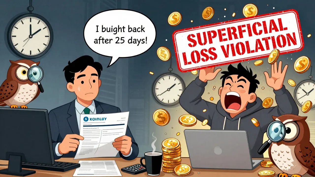 One person calmly filing crypto taxes while another is overwhelmed by exploding coins and a 'superficial loss' violation stamp.