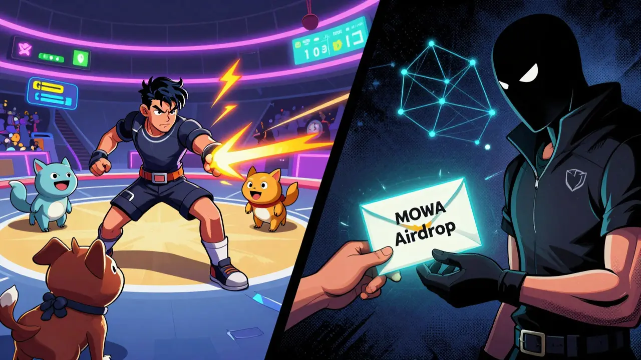 Player battles pets in arena while receiving airdrop envelope, blockchain elements in background.
