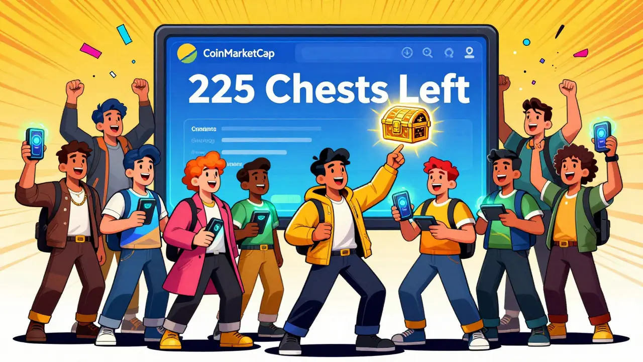 Players gather around a holographic CoinMarketCap screen showing NFT chests.