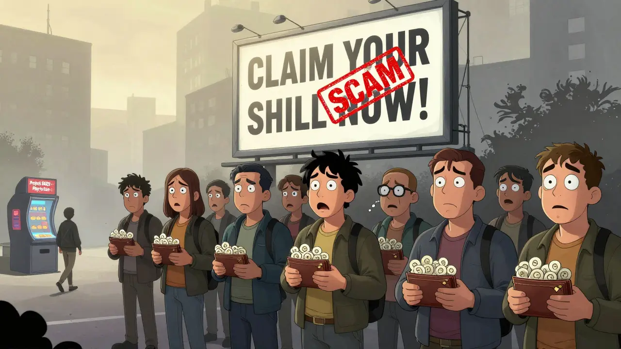 Players standing before a scam billboard labeled &#039;CLAIM YOUR SHILL NOW!&#039; while one walks toward the real Project SEED game terminal.