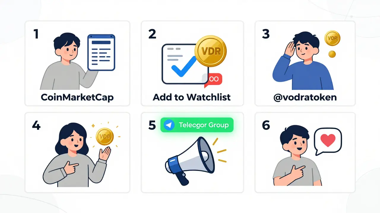 Six illustrated steps showing how to join the VDR airdrop with comic-style icons and clean lines.