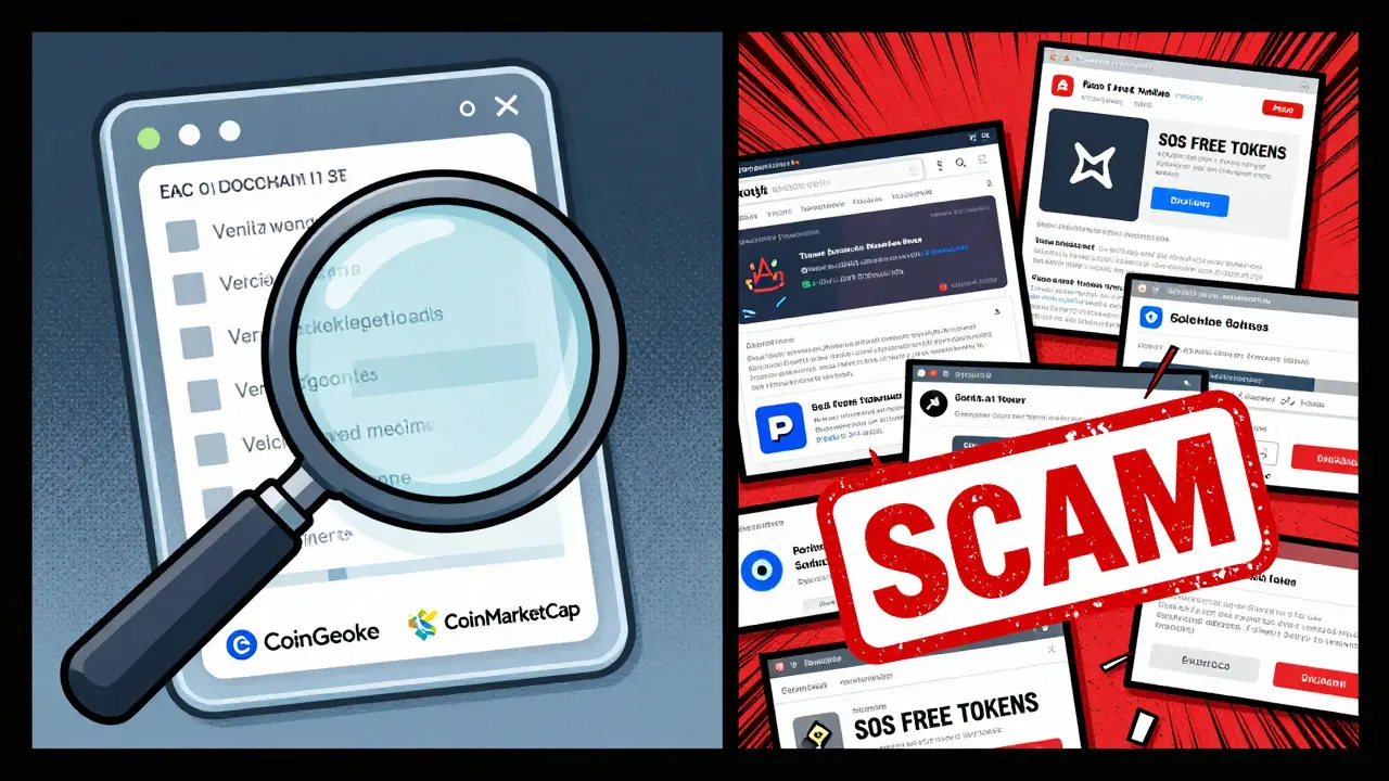 Split scene: clean blockchain data vs. glitchy scam websites under a magnifying glass.