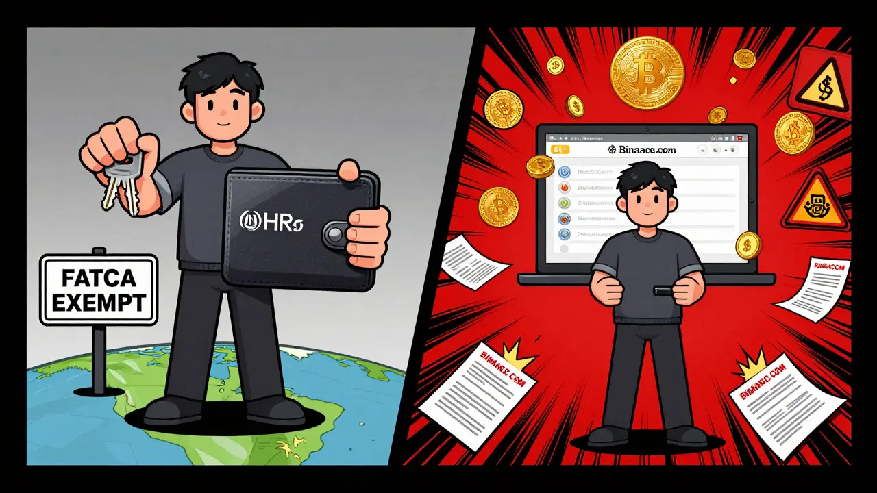 Split scene: safe crypto ownership in the U.S. vs. risky foreign exchange holdings with warning signs.