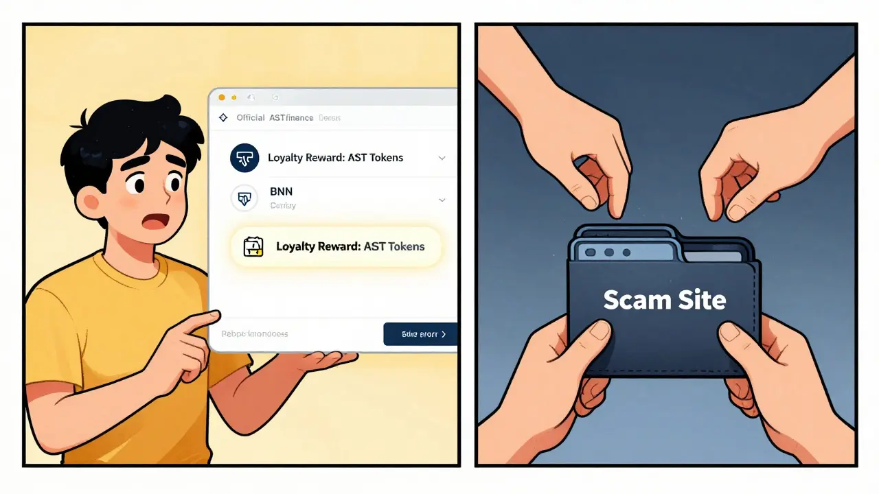 Split scene: user staking on official AST.finance dashboard vs. wallet being drained by scam.