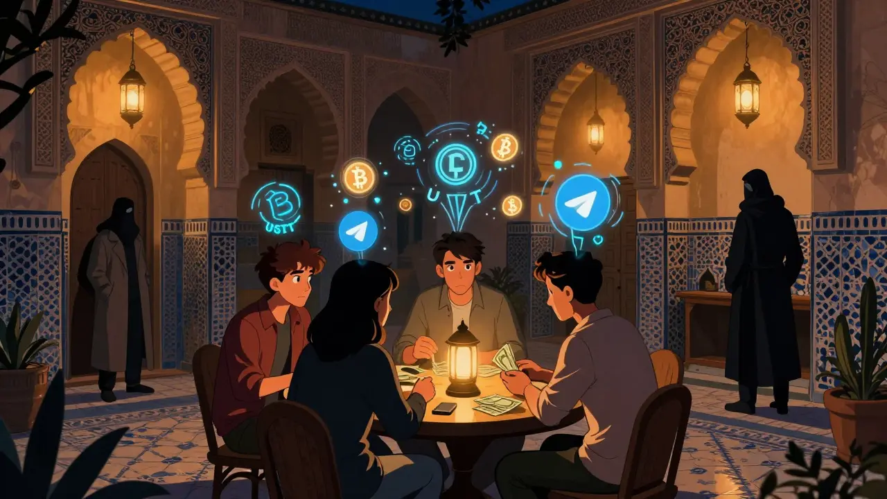 Students exchanging USDT for cash in a Fes courtyard at night, surrounded by traditional lanterns and digital crypto symbols.