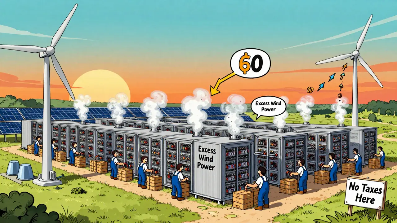 Texas mining farm powered by wind turbines with miners connecting rigs to clean energy.