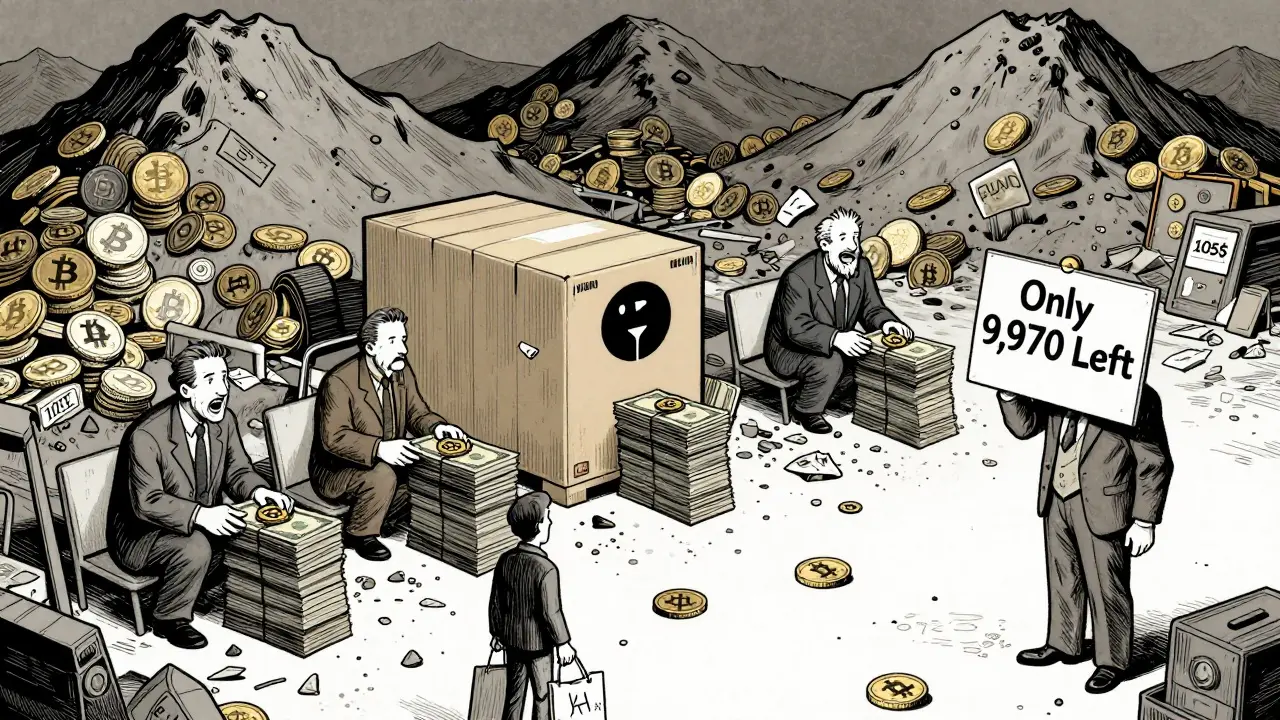 Three buyers competing for one rare xFUND token in an empty crypto marketplace.