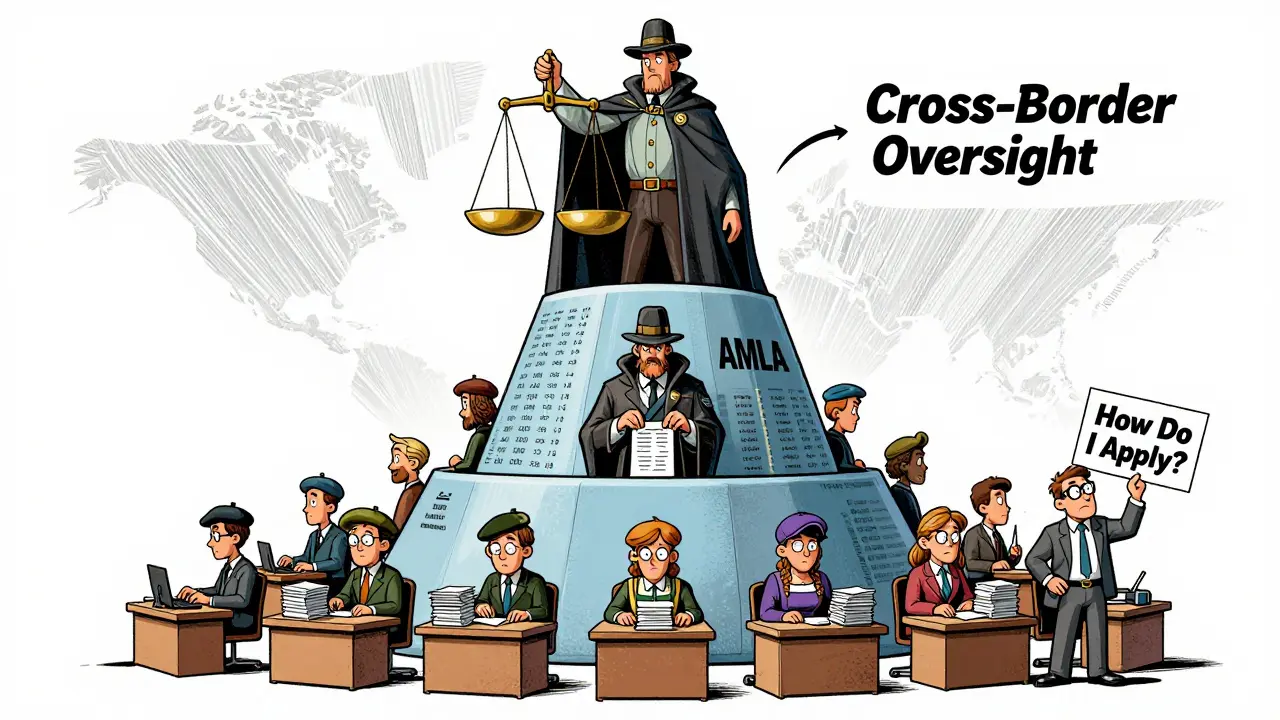 Three-tiered EU regulatory pyramid: ESMA, AMLA, and national authorities overseeing crypto firms in comic style.