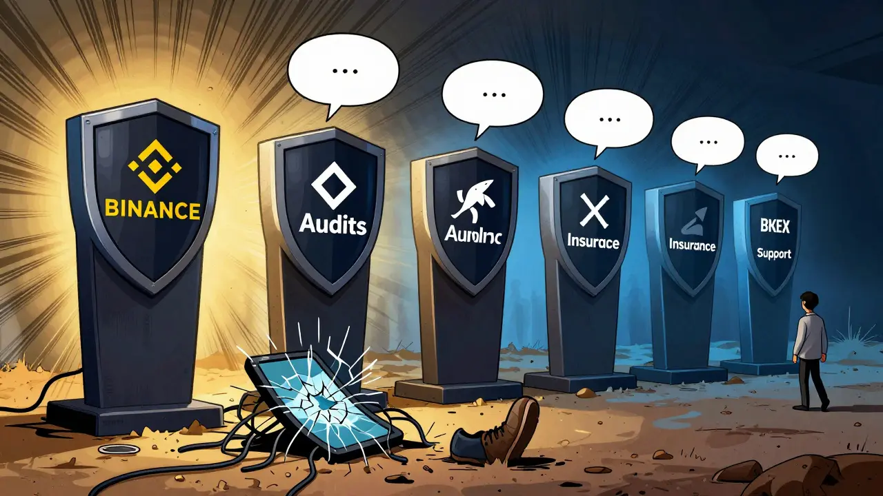 Trusted exchanges stand strong while BKEX lies broken in the dirt, with a shoe symbolizing a long wait for funds.