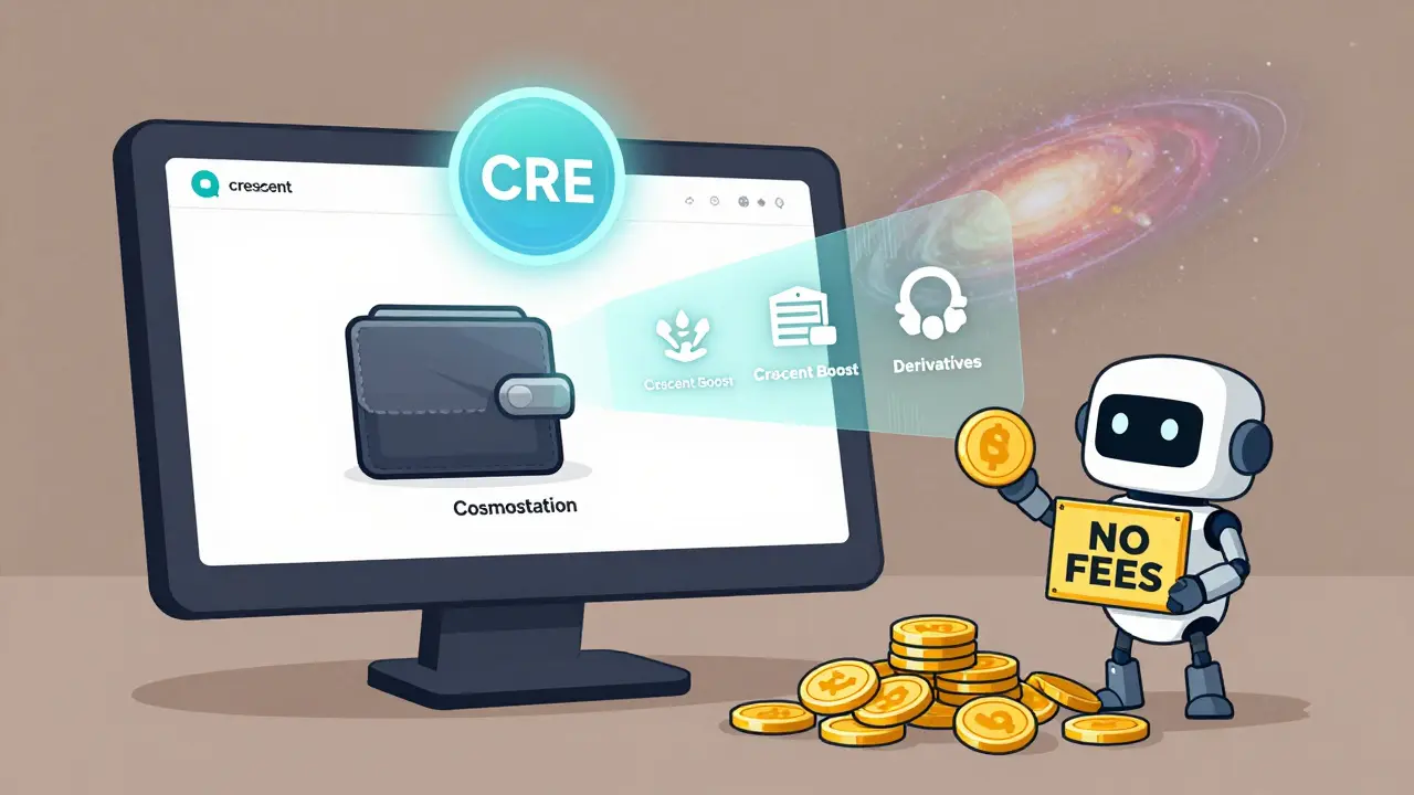 User connecting wallet to Crescent Network app, with CRE token and 'NO FEES' robot in foreground.