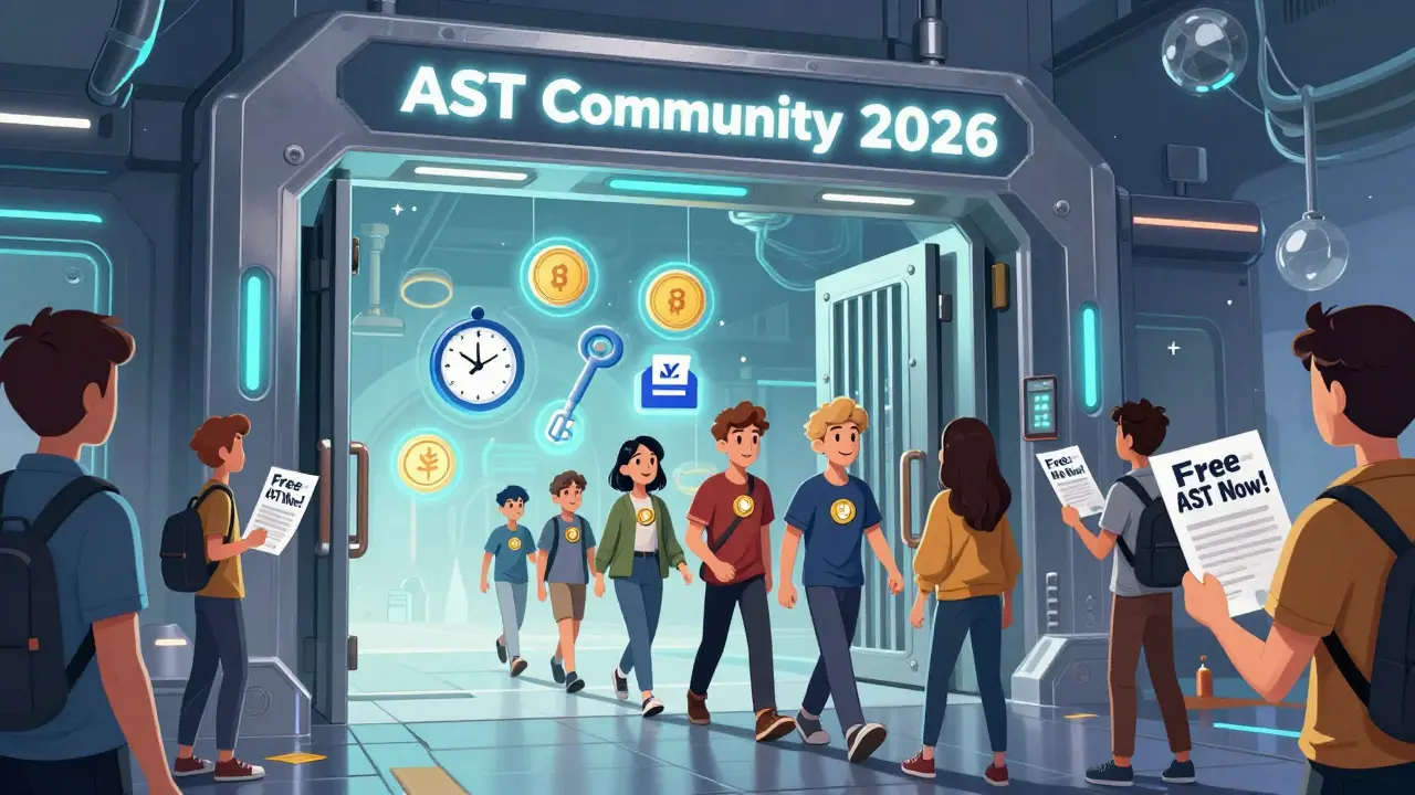 Users with earned badges entering a vault for 2026 AST rewards, others holding fake free token flyers.