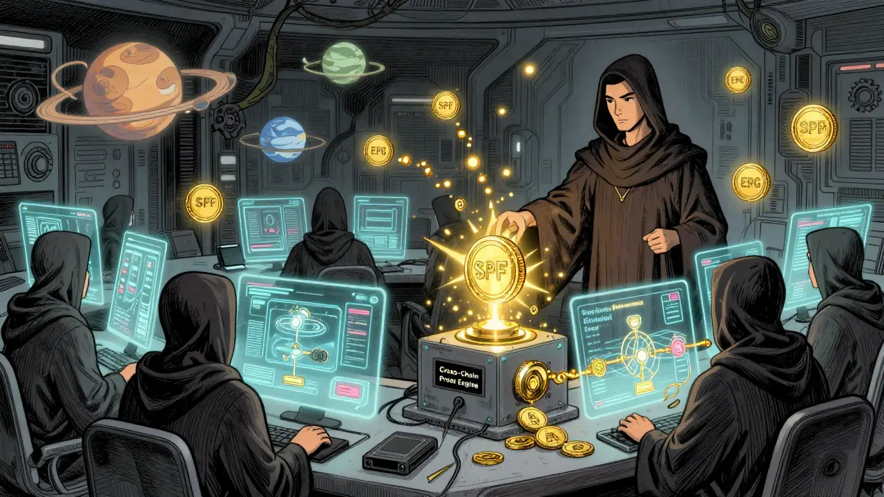 Validators using SPF tokens to secure cross-chain swaps in a futuristic control room.