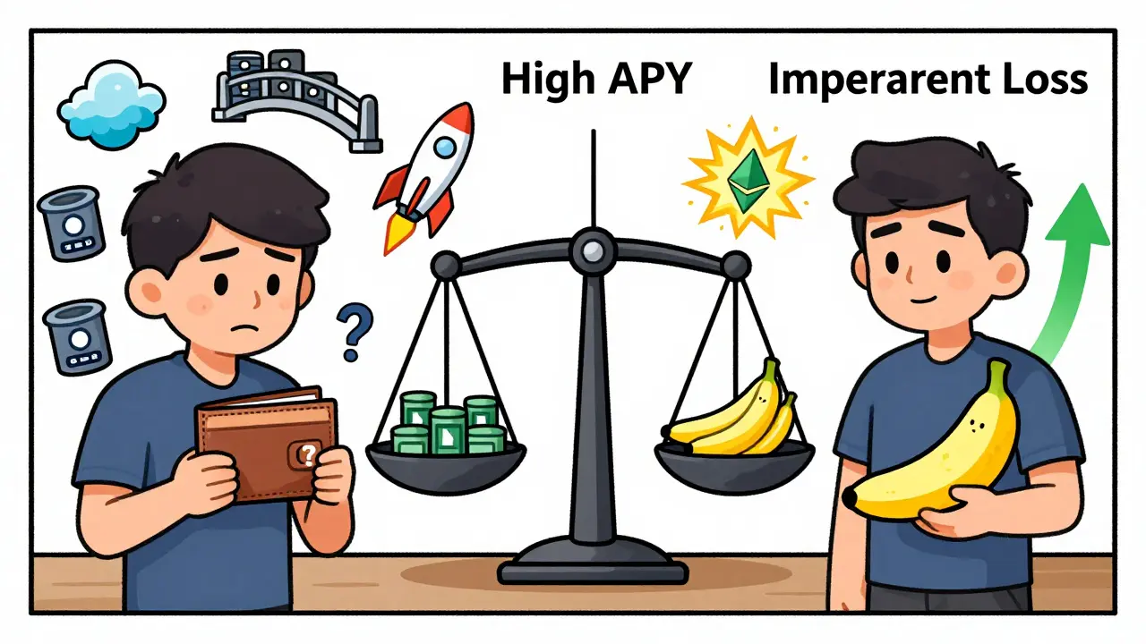 A beginner overwhelmed by DeFi icons versus a calm trader staking BANANA in a long-term vault, with a balance scale between risk and reward.
