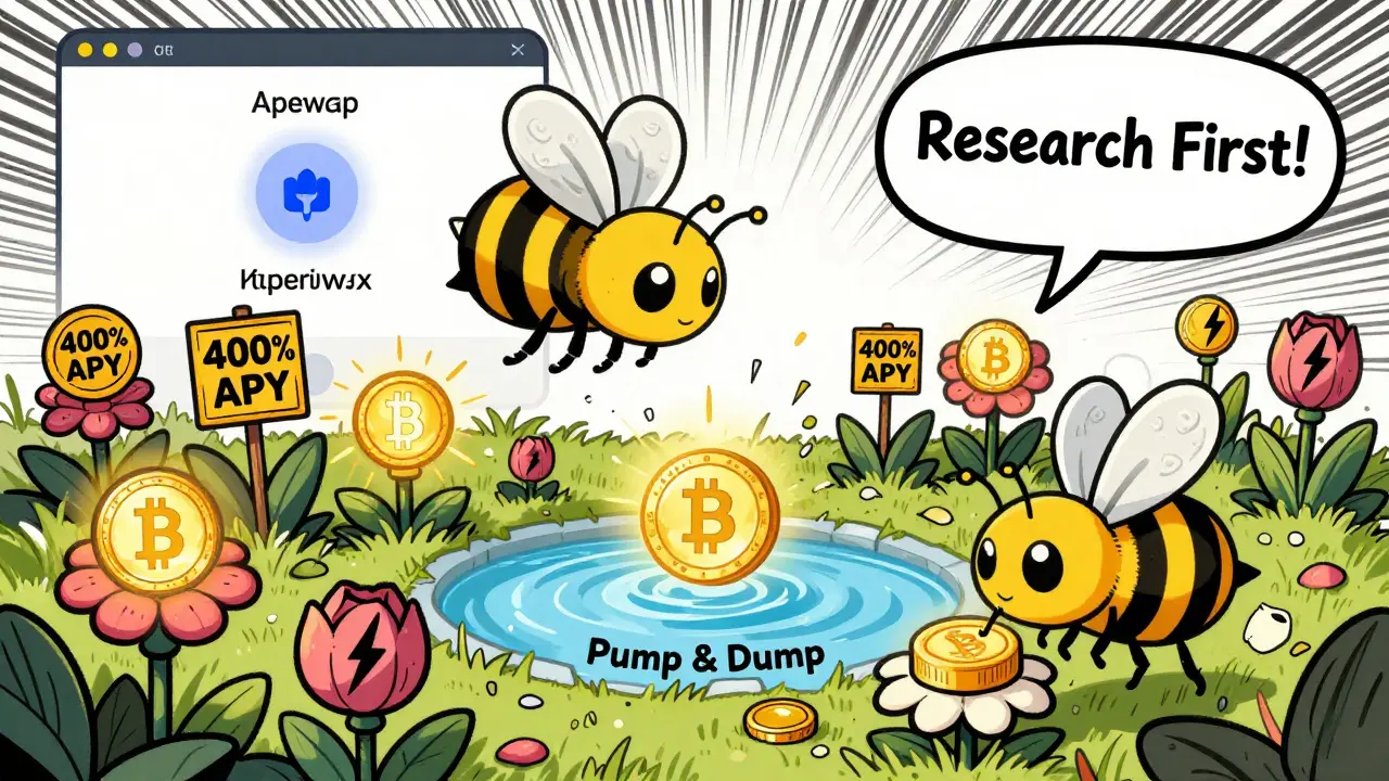 A cartoon bee farming crypto tokens, some blooming with high rewards, others wilting — a comic-style warning about risky yield pools.