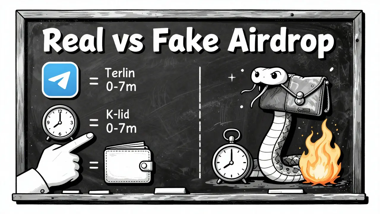 A chalkboard comparing real and fake airdrop signs in a comic-style illustration with clear visual contrasts.