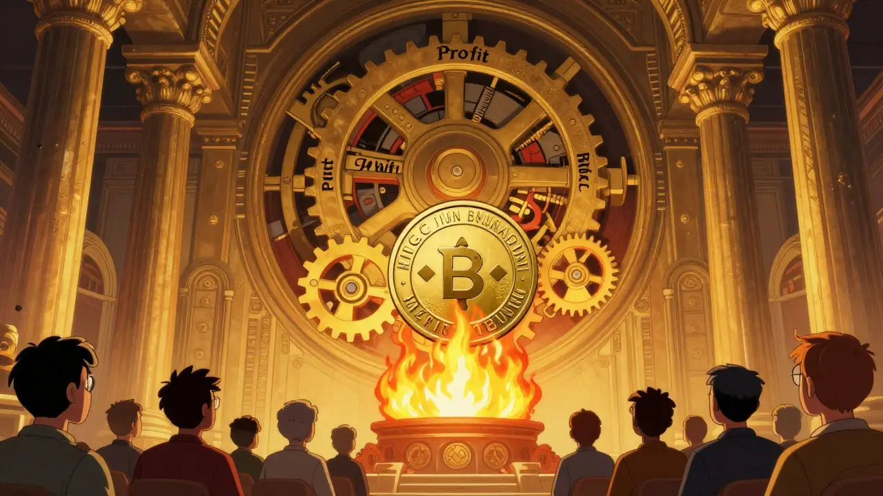 A clockwork mechanism burning BNB tokens quarterly under the watchful eyes of investors.