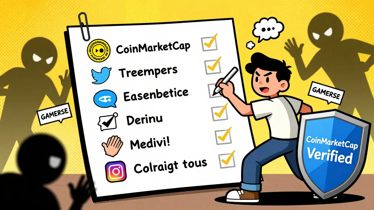 A comic-style checklist of seven tasks to claim an airdrop, with scam figures blocked by a verification shield.