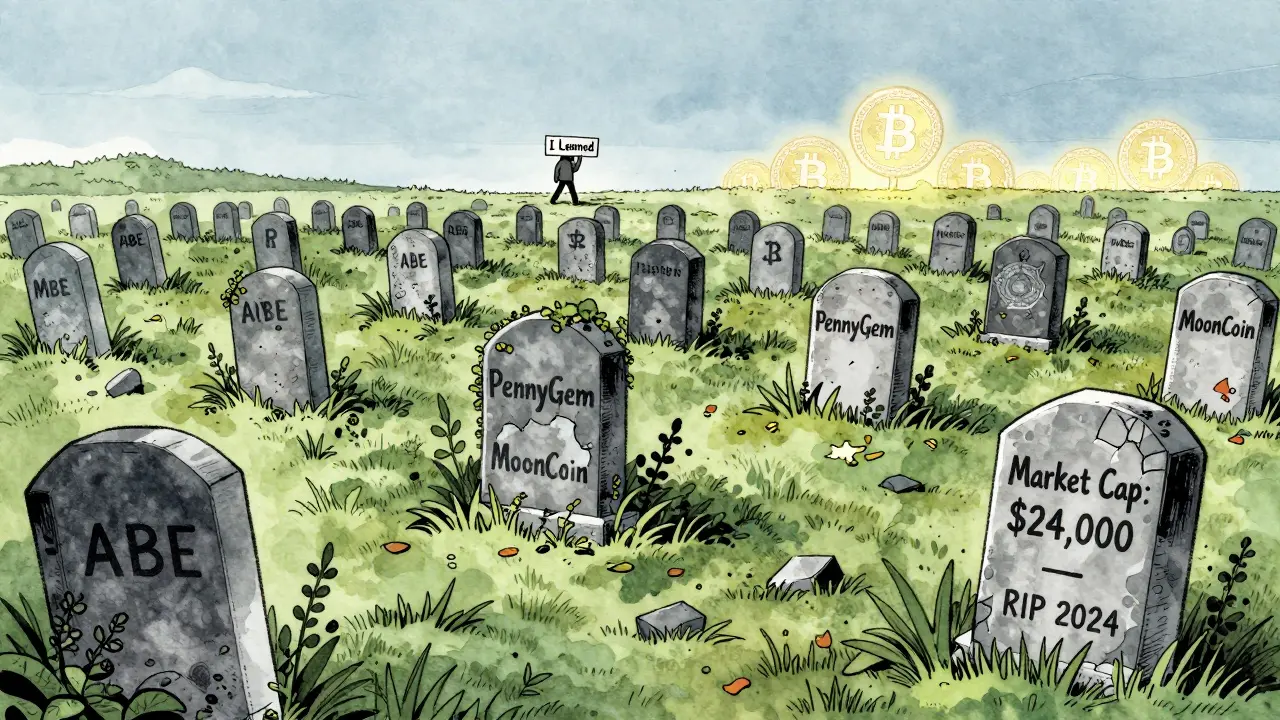 A crypto graveyard with ABE's tombstone marks its ,000 market cap, while a figure walks away toward legitimate projects.