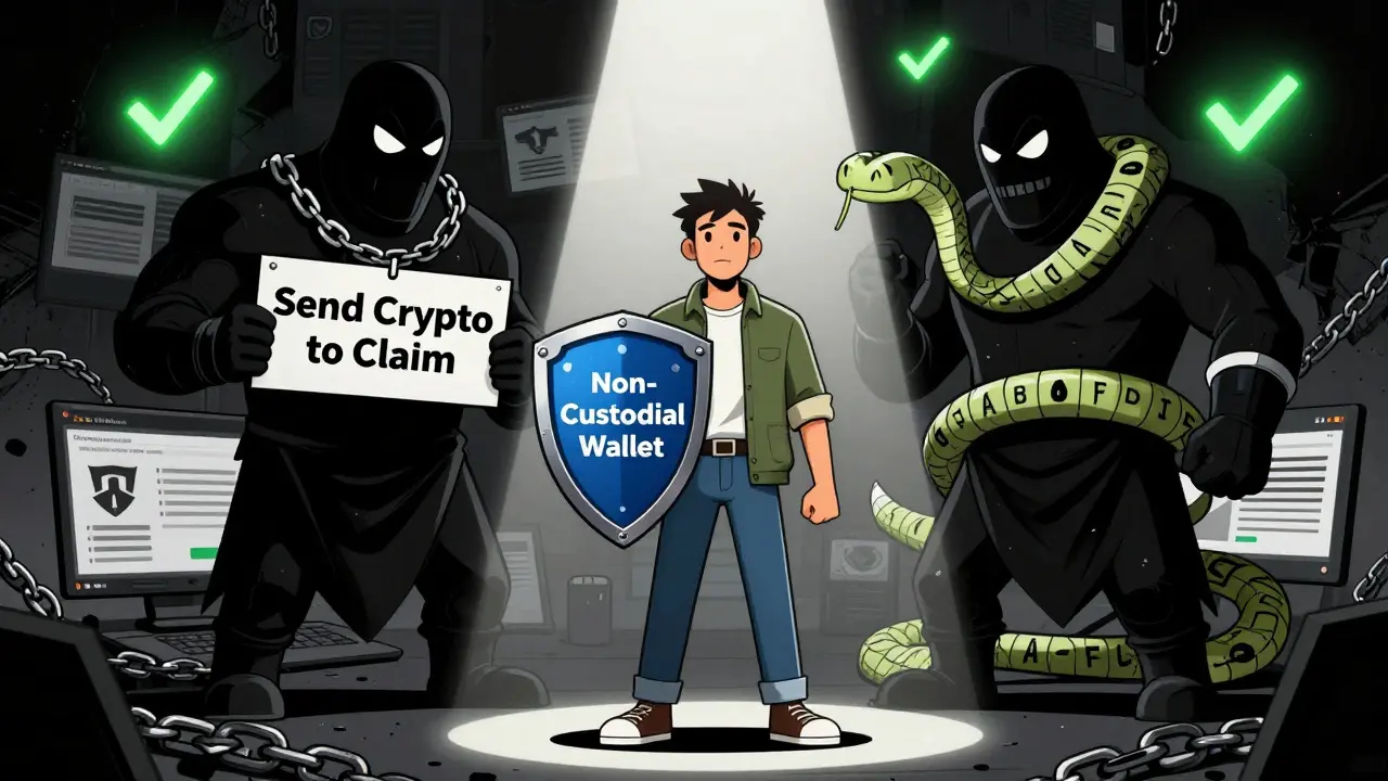 A crypto user stands tall against scammer figures, holding a shield labeled 'Non-Custodial Wallet'.