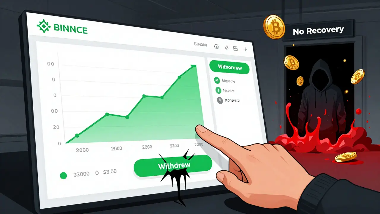 A fake trading platform with a crumbling 'Withdraw' button, smoke rising as coins vanish into darkness.