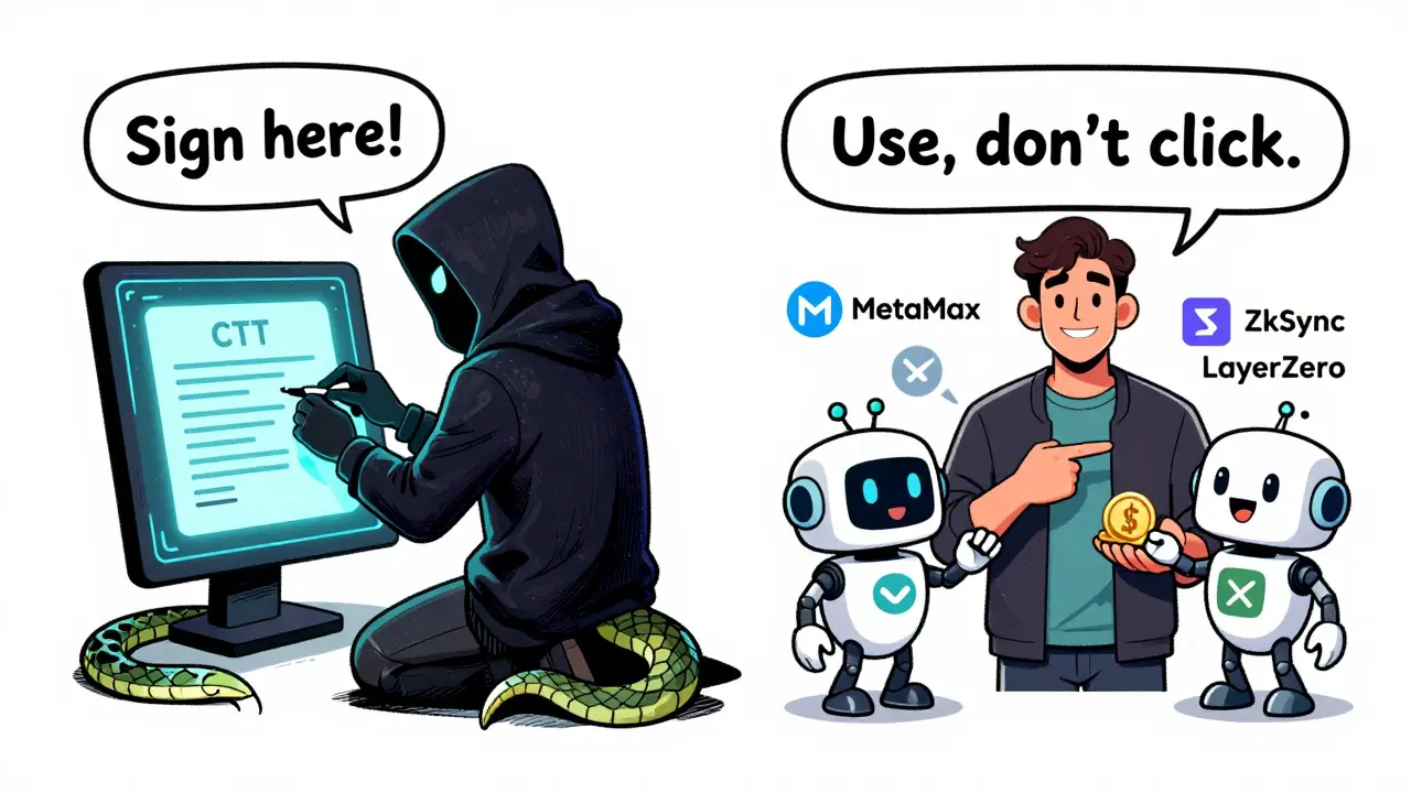 A hacker tricks a user into signing a malicious transaction, while another safely uses real crypto platforms.