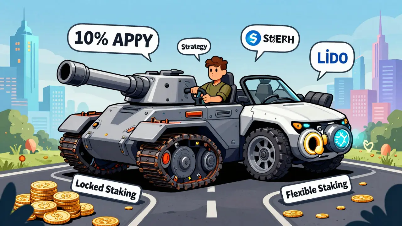 A hybrid crypto wallet vehicle with locked and flexible halves, driven by a strategist, heading toward two different crypto futures.