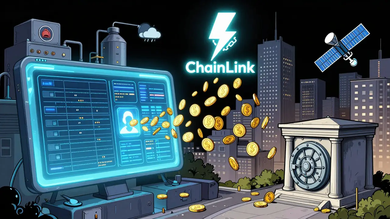 A hybrid smart contract connects blockchain to real-world city elements with LINK tokens flowing.