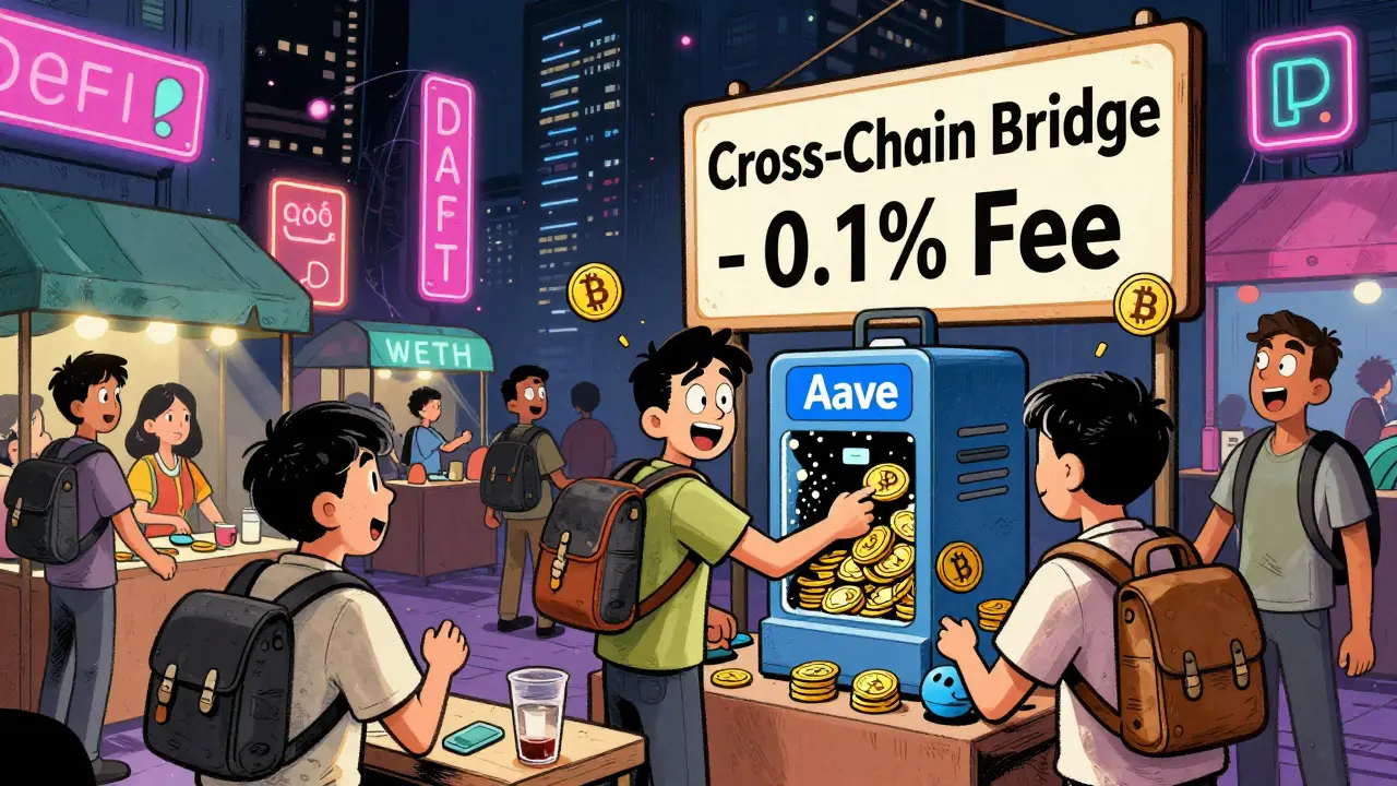 A lively DeFi marketplace where users trade WBTC and WETH, with a lending machine and neon signs in a stylized city.