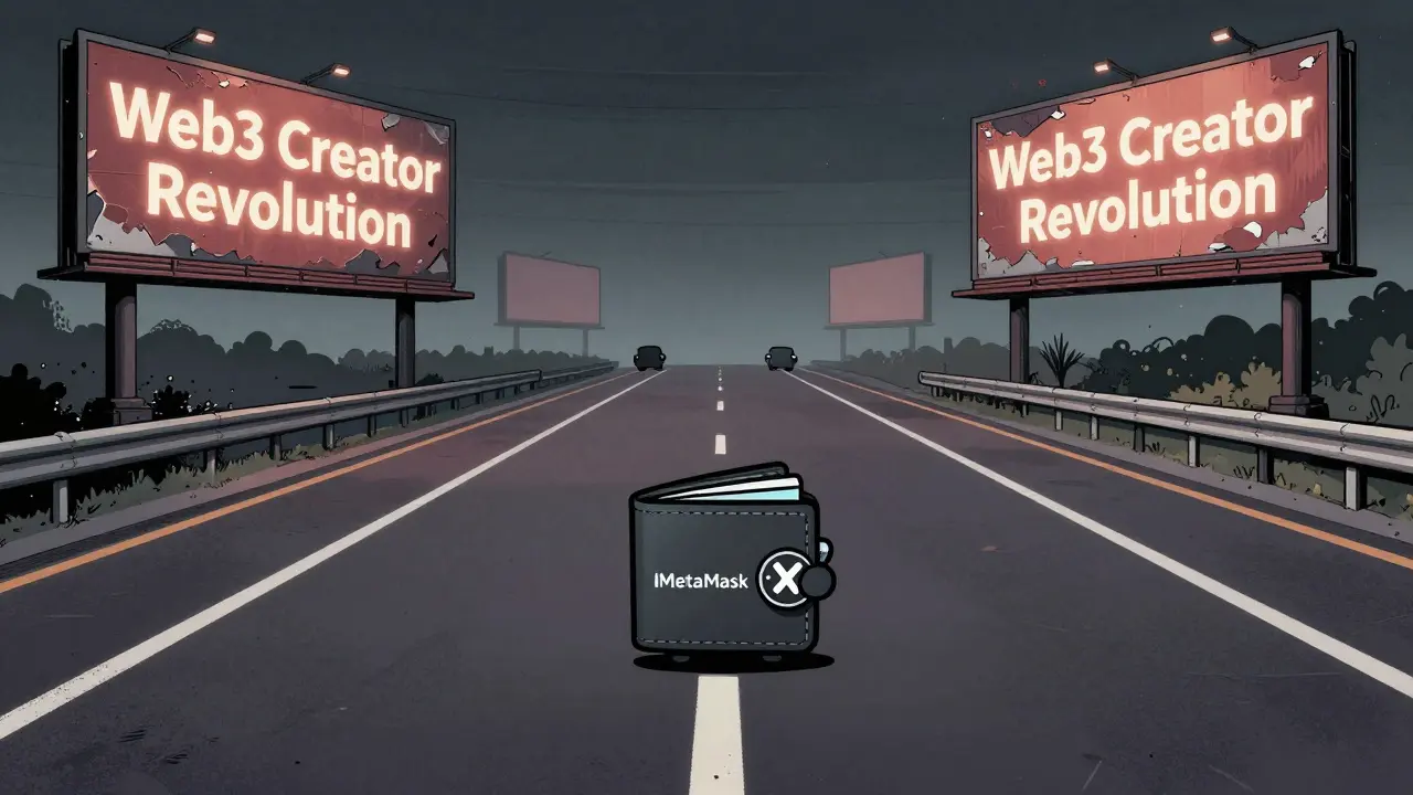 A lone MetaMask wallet stands alone on an empty blockchain highway under faded Web3 billboards.