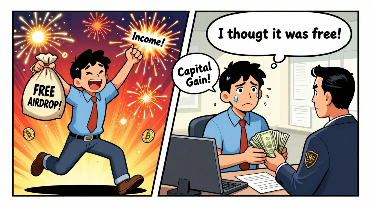 A person celebrates receiving free crypto, then later pays taxes in a stark contrast showing the real cost.