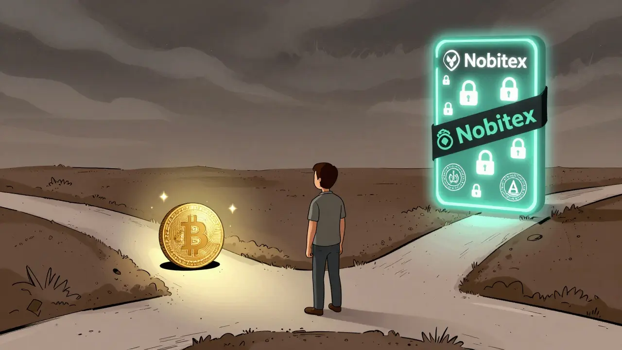 A person chooses between a safe offline hardware wallet and a dangerous, chained exchange under a stormy sky.