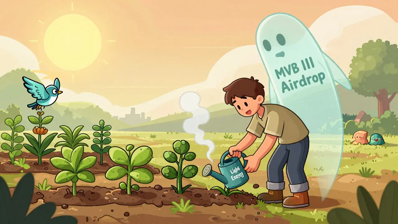 A player tending to virtual plants in the PVU game, with a ghostly fake airdrop fading away behind them.