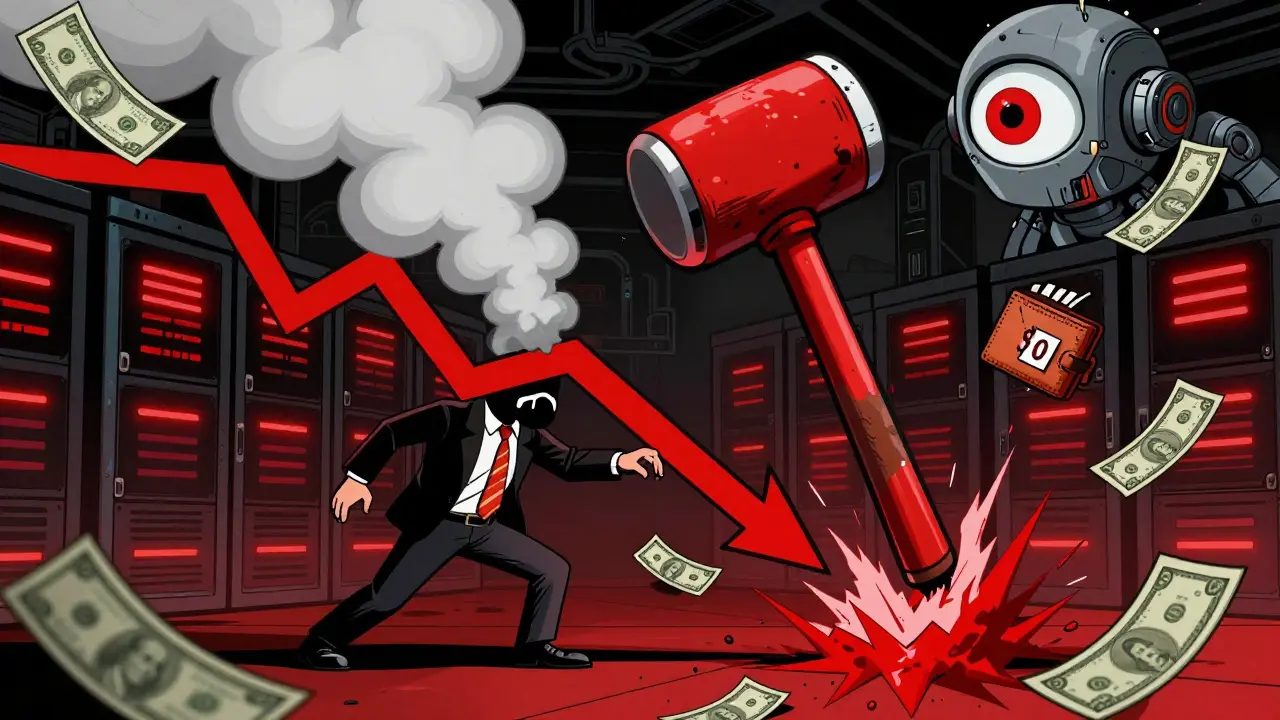 A trader's position vanishes in smoke as a liquidation hammer crushes their stop-loss during a Bitcoin price gap.