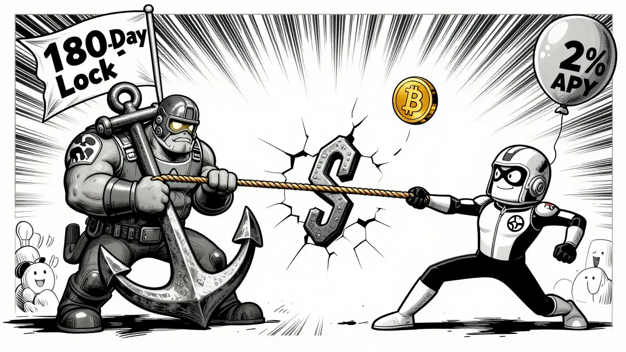 A tug-of-war between two cartoon characters representing locked and flexible staking, with a cracked blockchain between them and validators cheering.