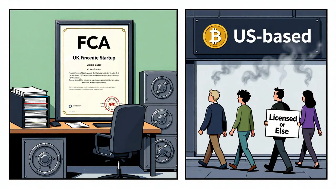 A UK fintech celebrates FCA approval while an offshore exchange fades away as customers leave.