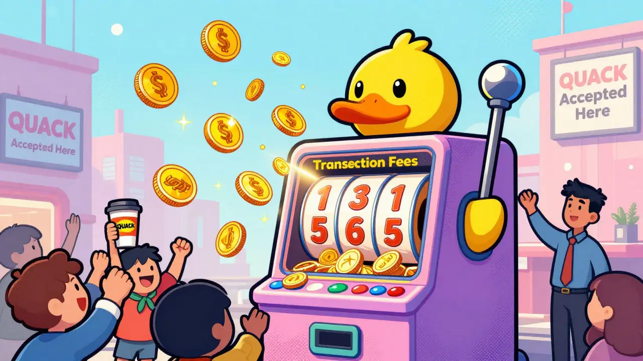 A whimsical Quackpot jackpot machine spins QUACK tokens while holders cheer and use the token to buy coffee.
