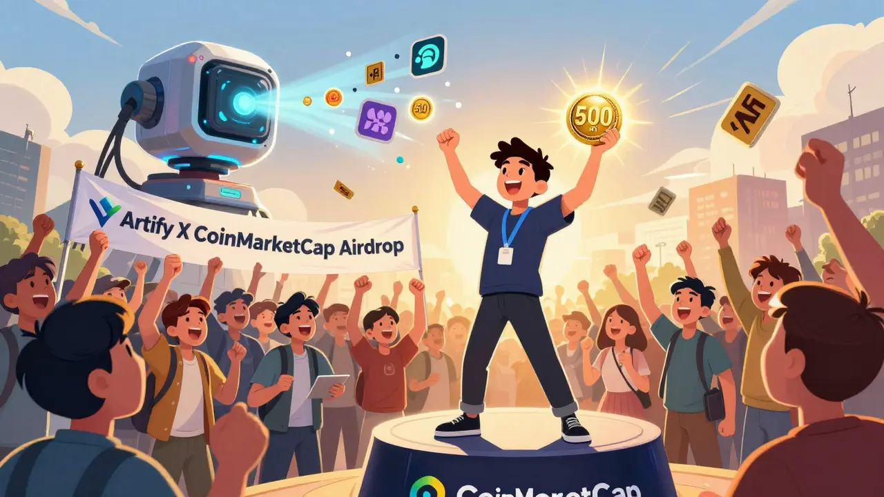 A winner holding 500 ART tokens as a crowd celebrates, with AI-generated NFTs floating in the sky.