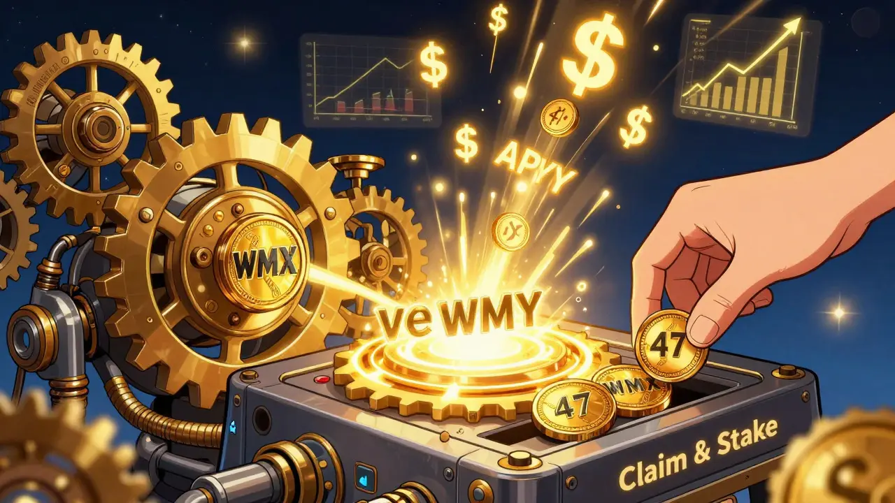 A yield engine powered by WMX tokens releases golden APY boosts, with DeFi logos embedded in the gears.