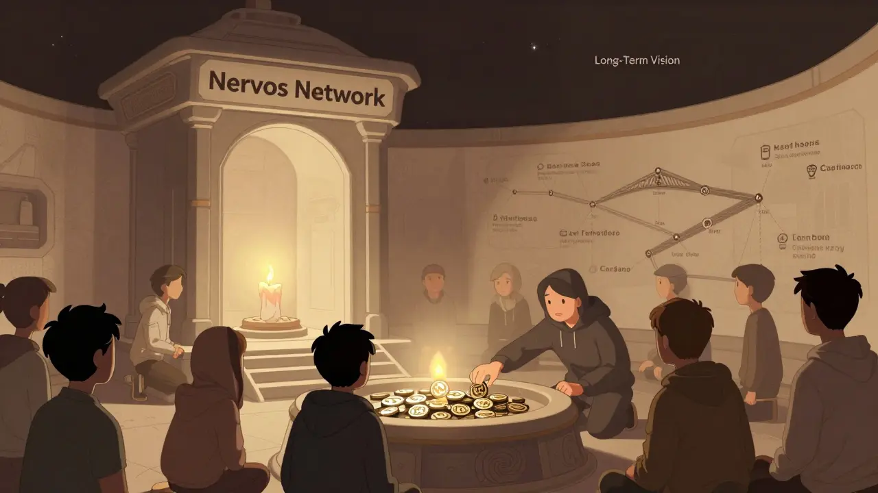 Believers placing YOK tokens into a quiet Nervos Network temple under a fading roadmap.