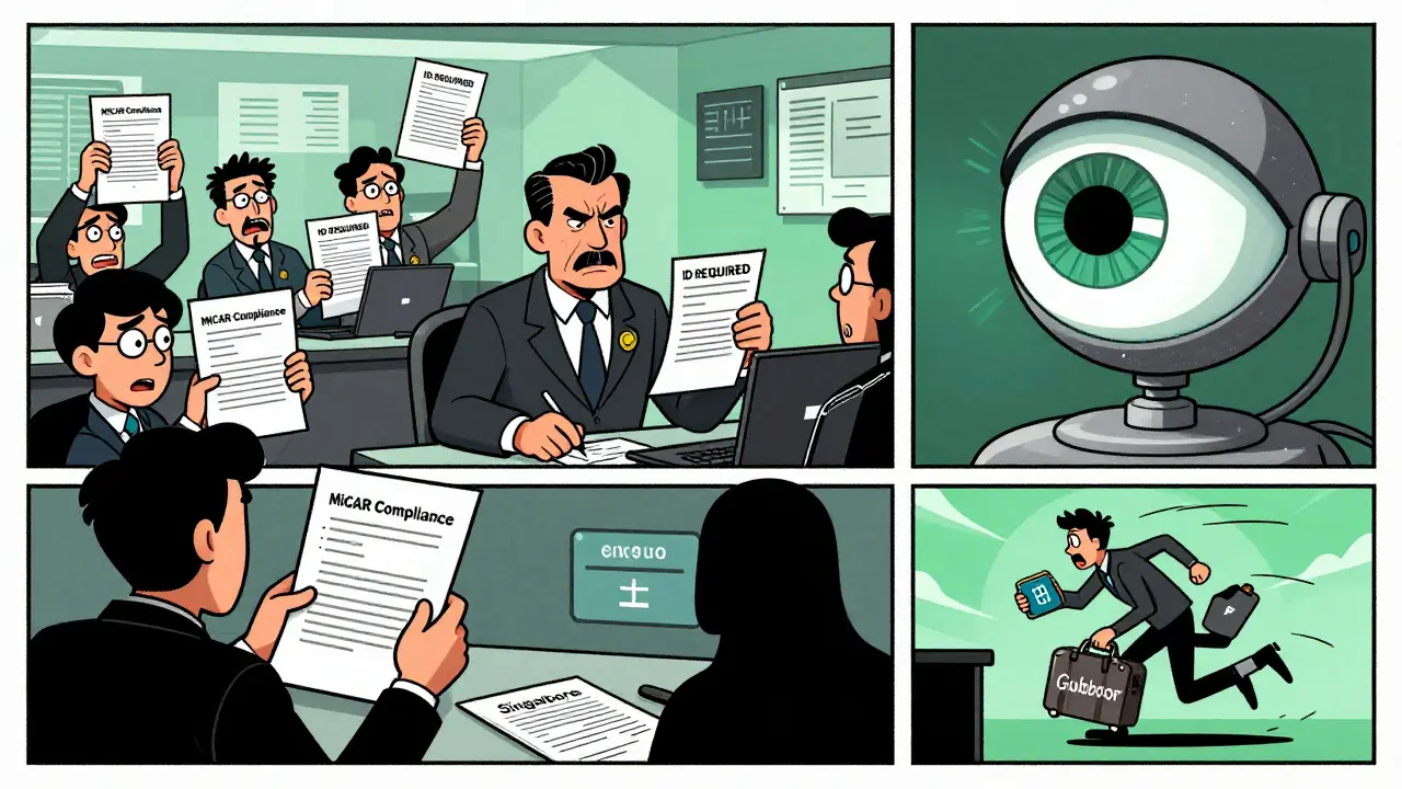 Chaotic EU licensing office with stressed crypto founders facing ID requirements and AI surveillance, startups fleeing to Asia.